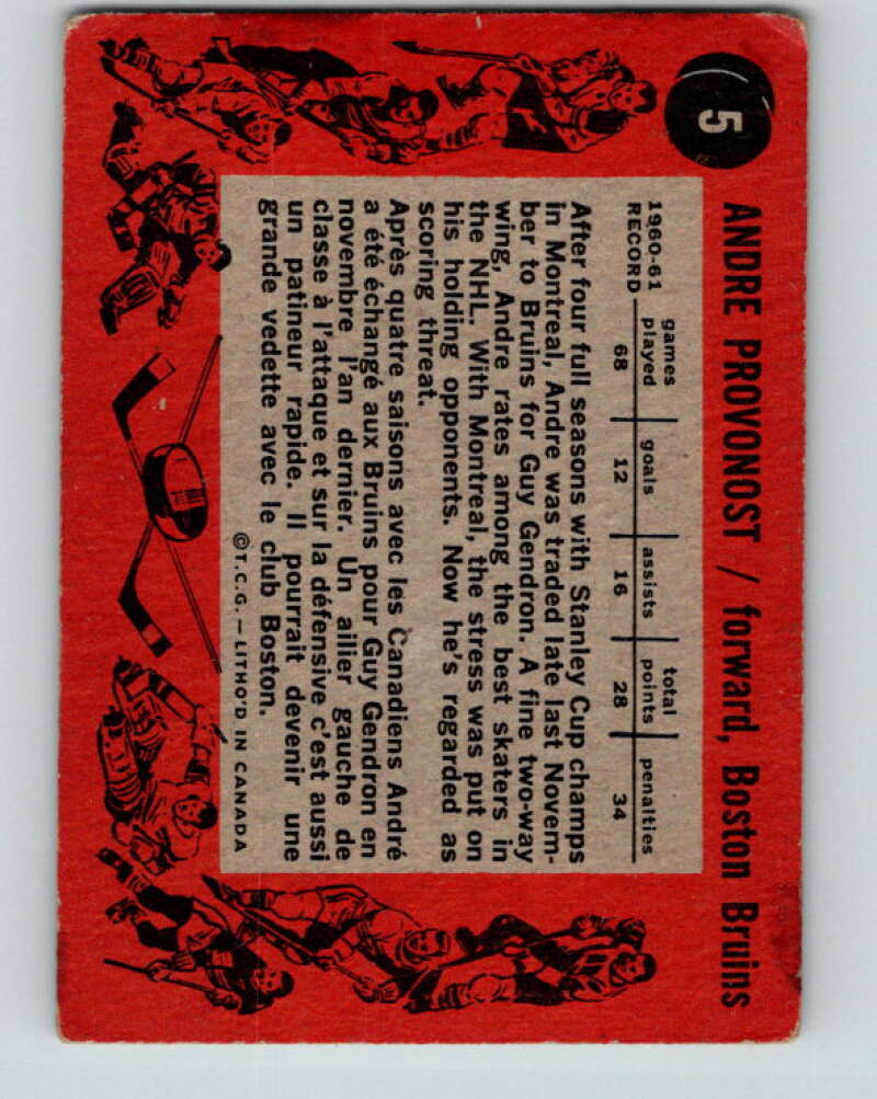 1961-62 Topps #5 Andre Pronovost UER Boston Bruins V241