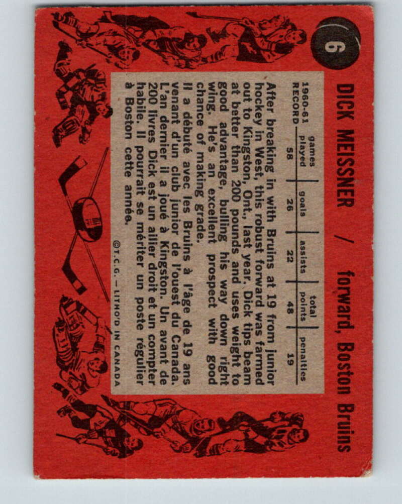 1961-62 Topps #6 Dick Meissner RC Rookie Boston Bruins V242