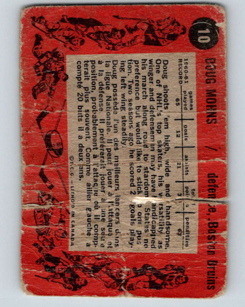1961-62 Topps #10 Doug Mohns Boston Bruins V245