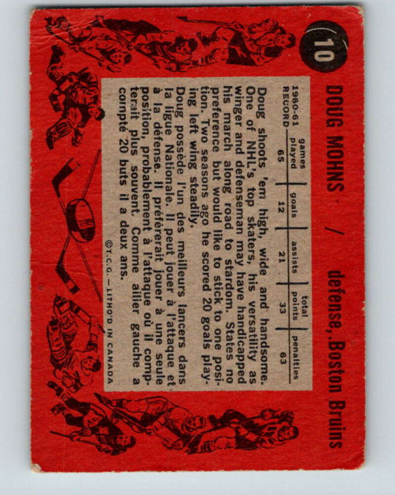1961-62 Topps #10 Doug Mohns Boston Bruins V246