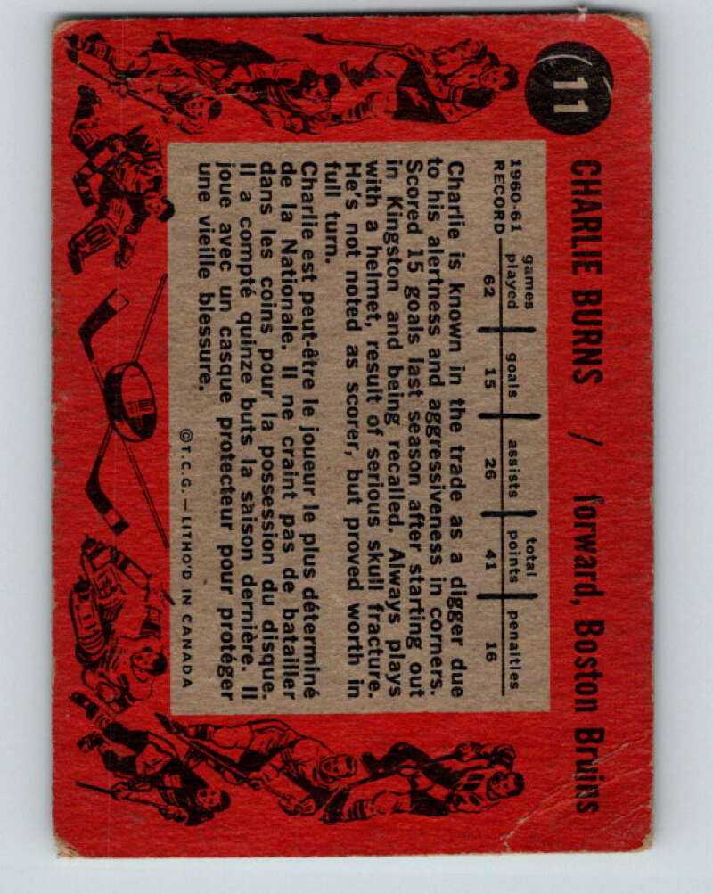 1961-62 Topps #11 Charlie Burns Boston Bruins V247