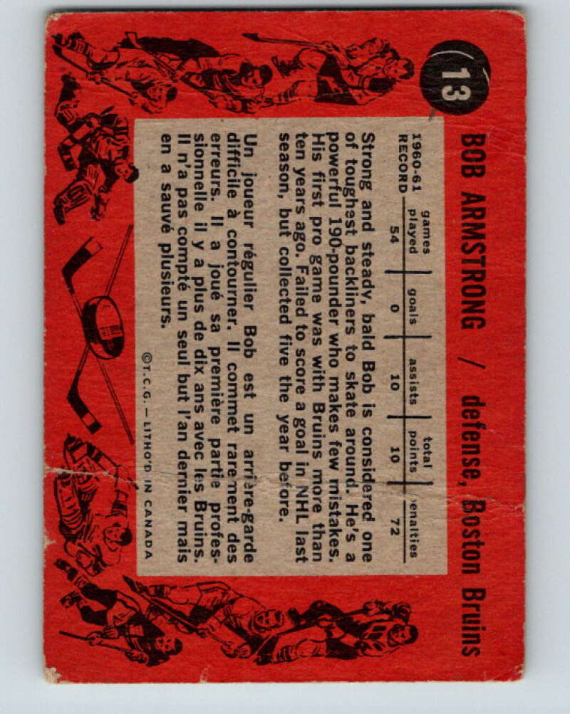 1961-62 Topps #13 Bob Armstrong Boston Bruins V252