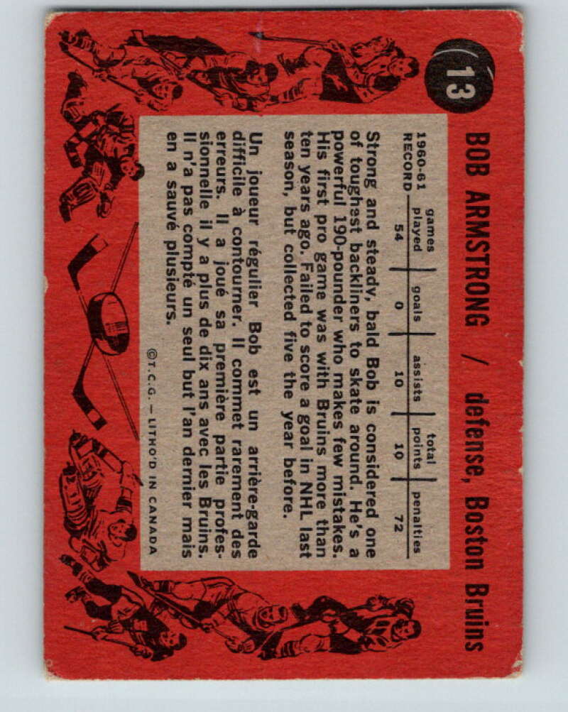 1961-62 Topps #13 Bob Armstrong Boston Bruins V253