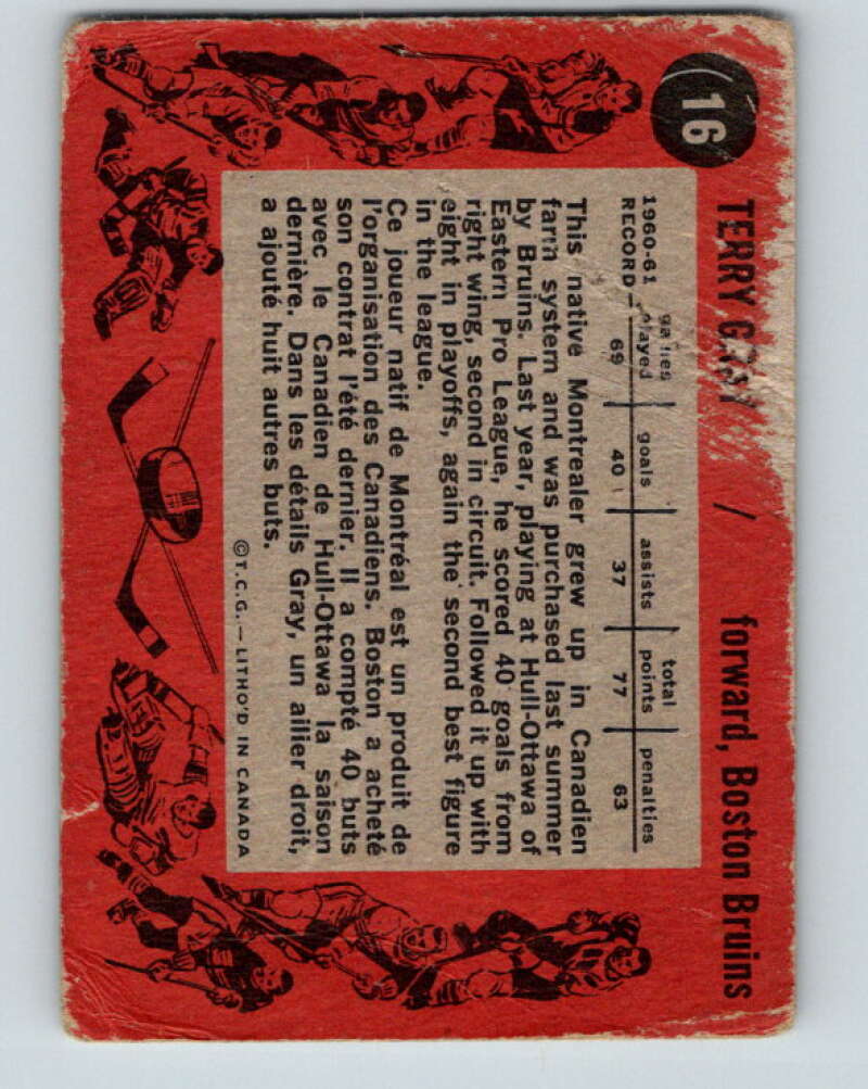 1961-62 Topps #16 Terry Gray RC Rookie Boston Bruins V256