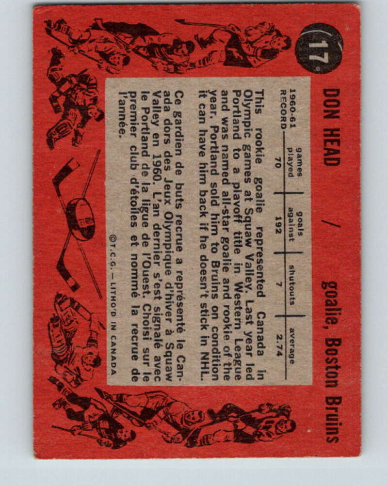 1961-62 Topps #17 Don Head RC Rookie Boston Bruins V257