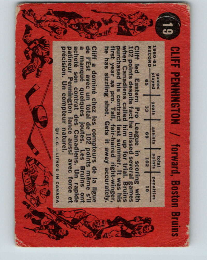 1961-62 Topps #19 Cliff Pennington RC Rookie Boston Bruins V258