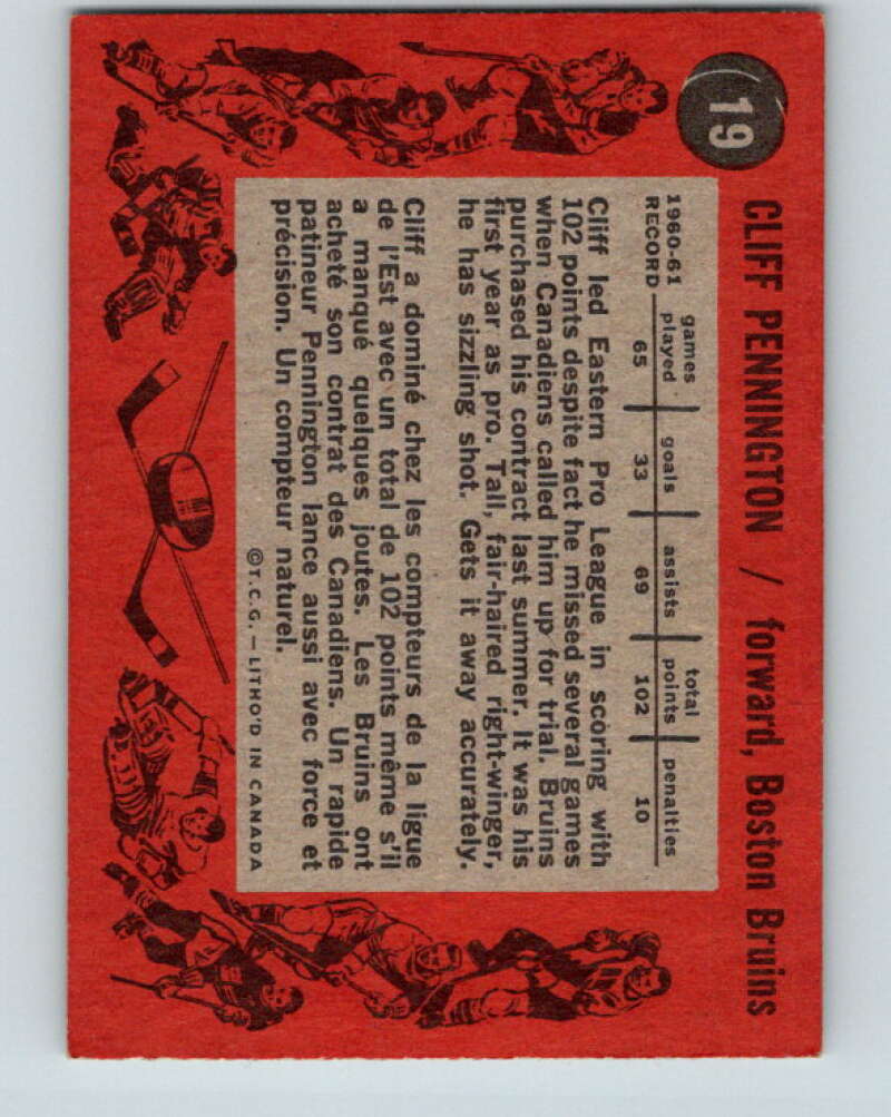 1961-62 Topps #19 Cliff Pennington RC Rookie Boston Bruins V259