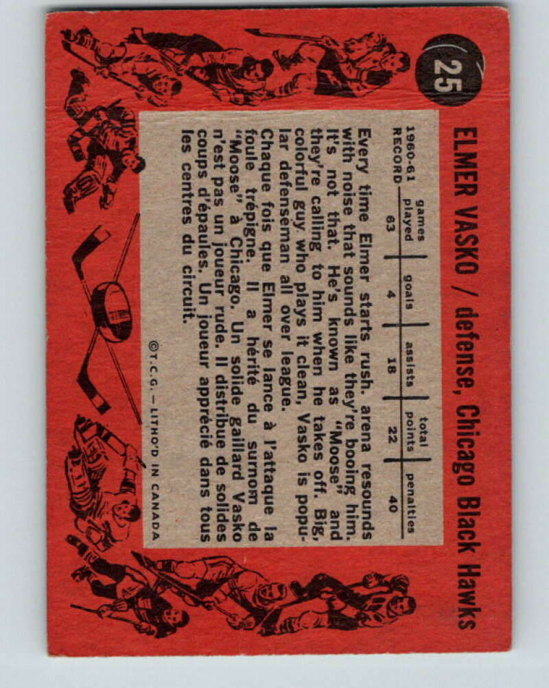 1961-62 Topps #25 Elmer Vasko Chicago Blackhawks V270