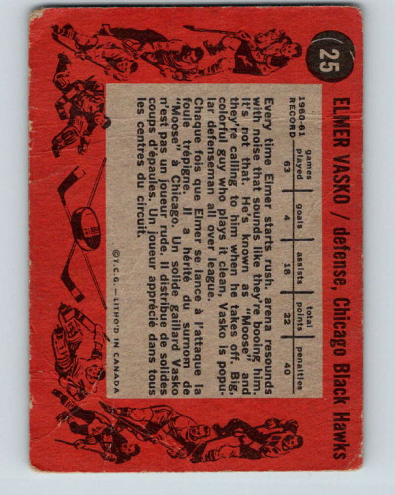 1961-62 Topps #25 Elmer Vasko Chicago Blackhawks V271