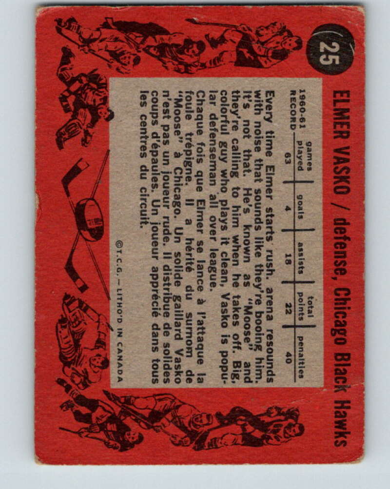 1961-62 Topps #25 Elmer Vasko Chicago Blackhawks V272