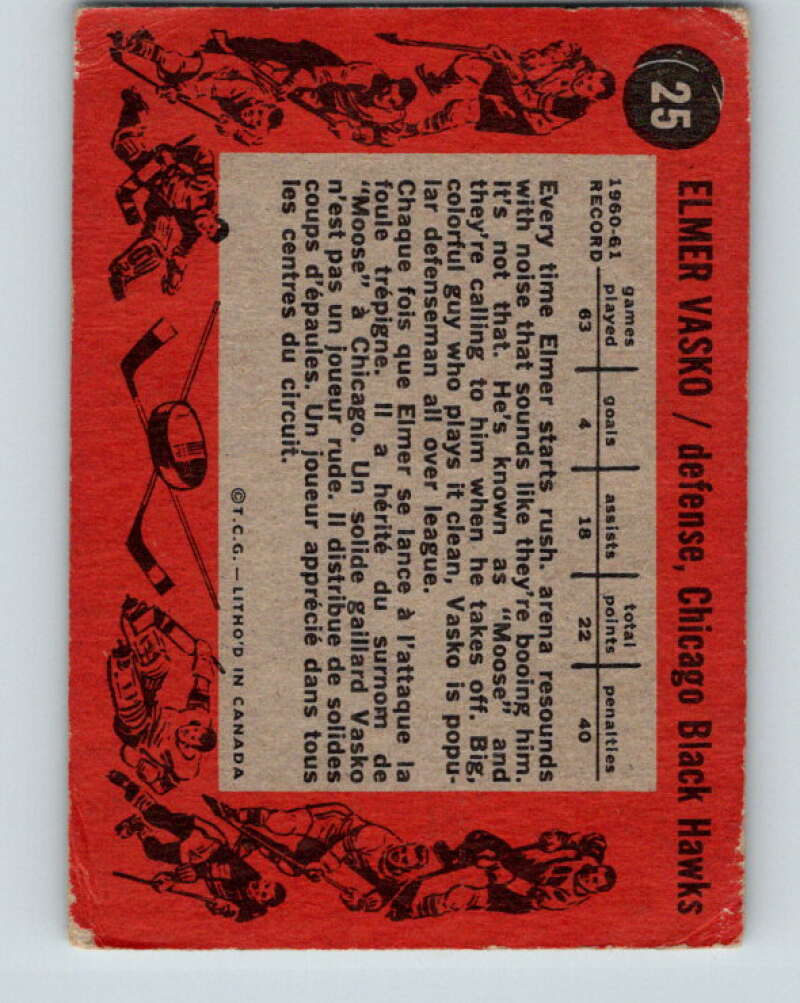 1961-62 Topps #25 Elmer Vasko Chicago Blackhawks V273