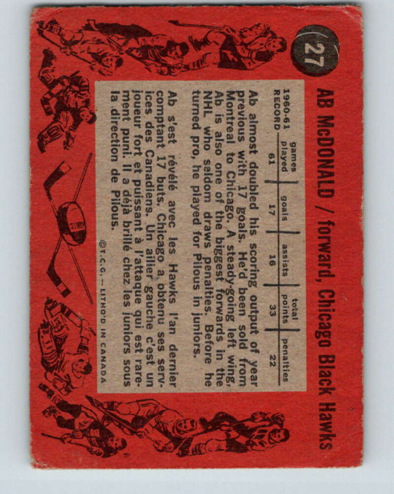 1961-62 Topps #27 Ab McDonald Chicago Blackhawks V276