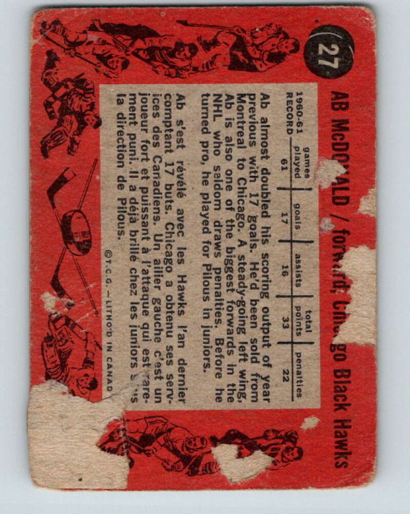 1961-62 Topps #27 Ab McDonald Chicago Blackhawks V277