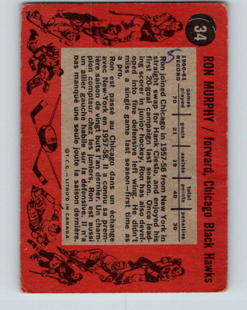 1961-62 Topps #34 Ron Murphy Chicago Blackhawks V285