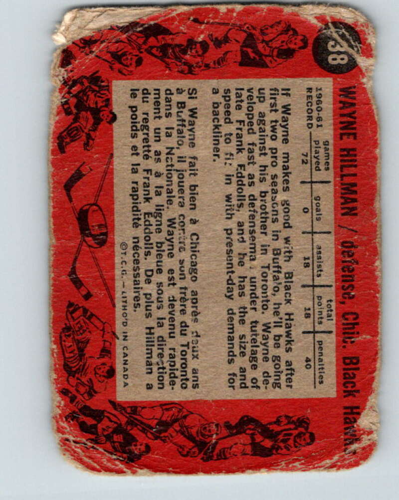 1961-62 Topps #38 Wayne Hillman RC Rookie Chicago Blackhawks V290