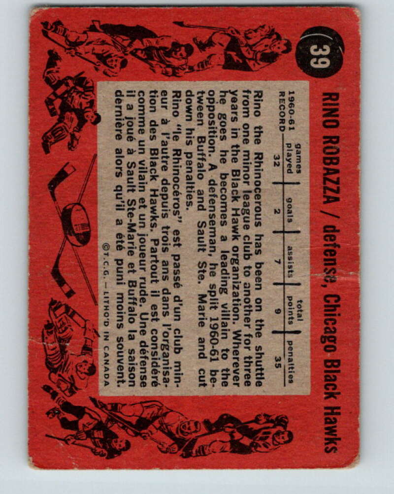 1961-62 Topps #39 Rino Robazza RC Rookie Chicago Blackhawks V291