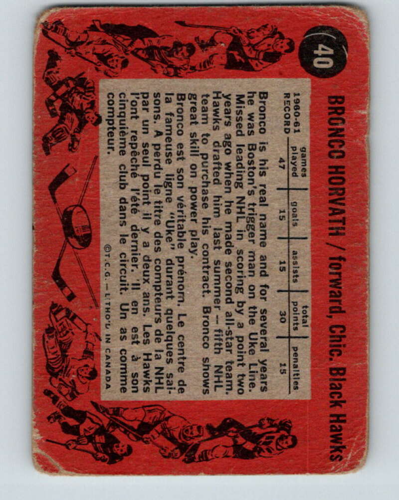 1961-62 Topps #40 Bronco Horvath Chicago Blackhawks V293