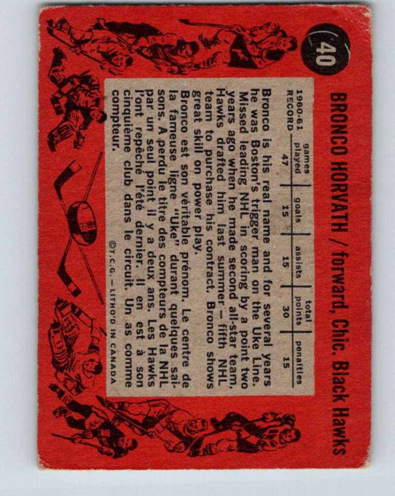 1961-62 Topps #40 Bronco Horvath Chicago Blackhawks V294