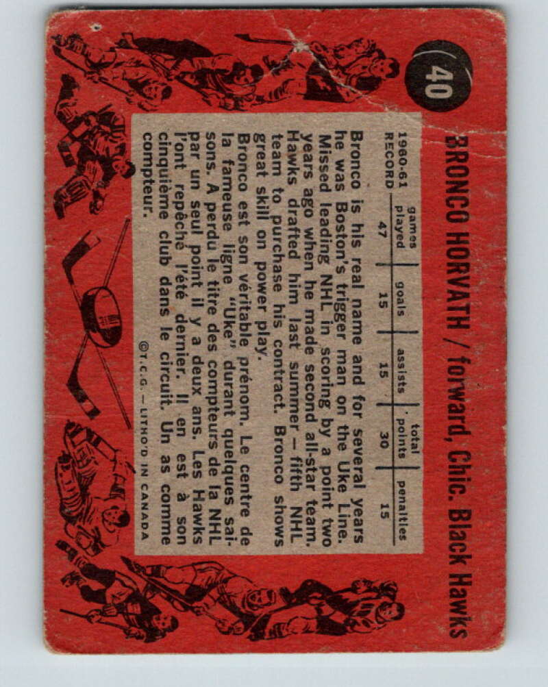 1961-62 Topps #40 Bronco Horvath Chicago Blackhawks V295