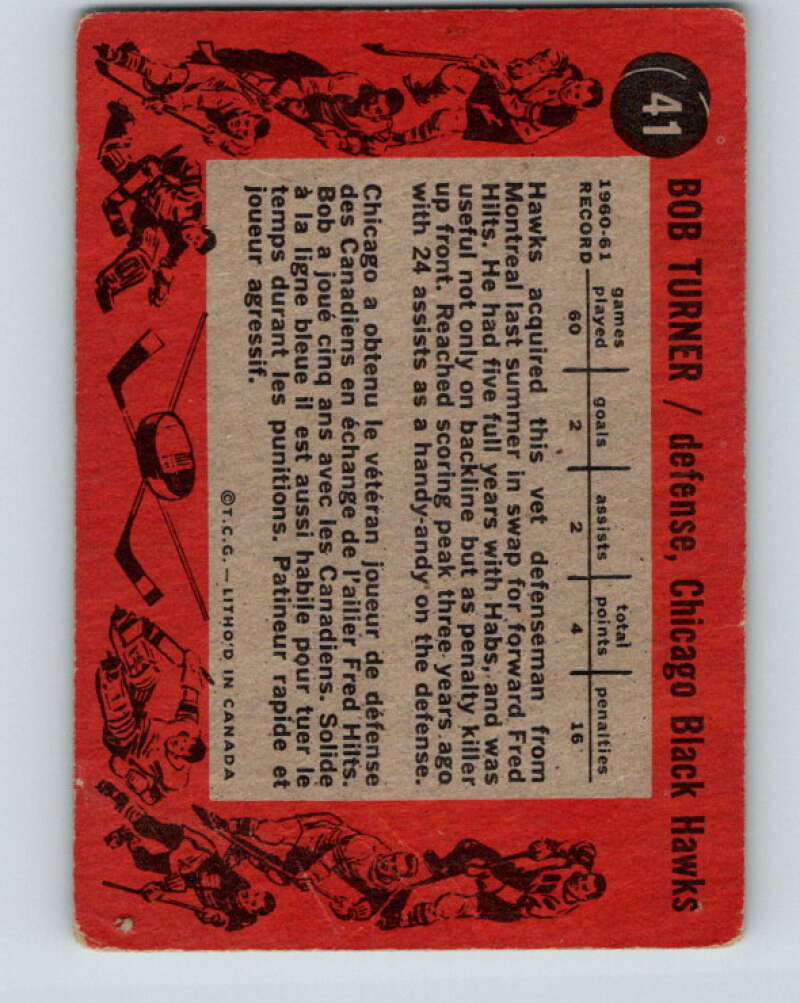 1961-62 Topps #41 Bob Turner Chicago Blackhawks V296