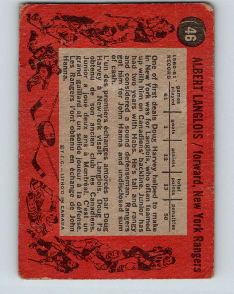 1961-62 Topps #46 Albert Langlois New York Rangers V301