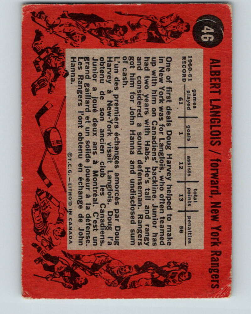 1961-62 Topps #46 Albert Langlois New York Rangers V302
