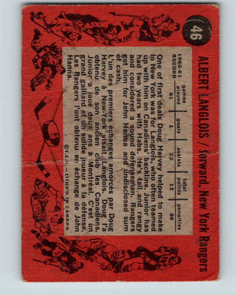 1961-62 Topps #46 Albert Langlois New York Rangers V303