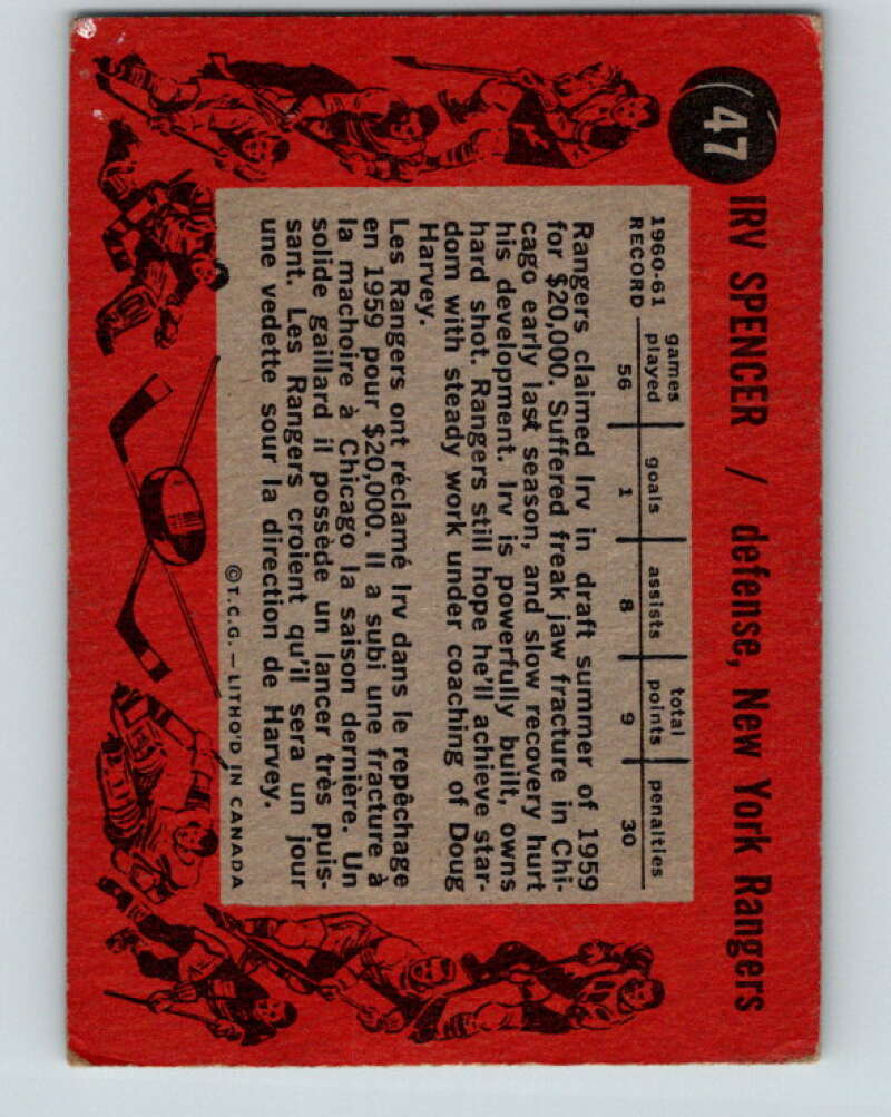 1961-62 Topps #47 Irv Spencer RC Rookie New York Rangers V304