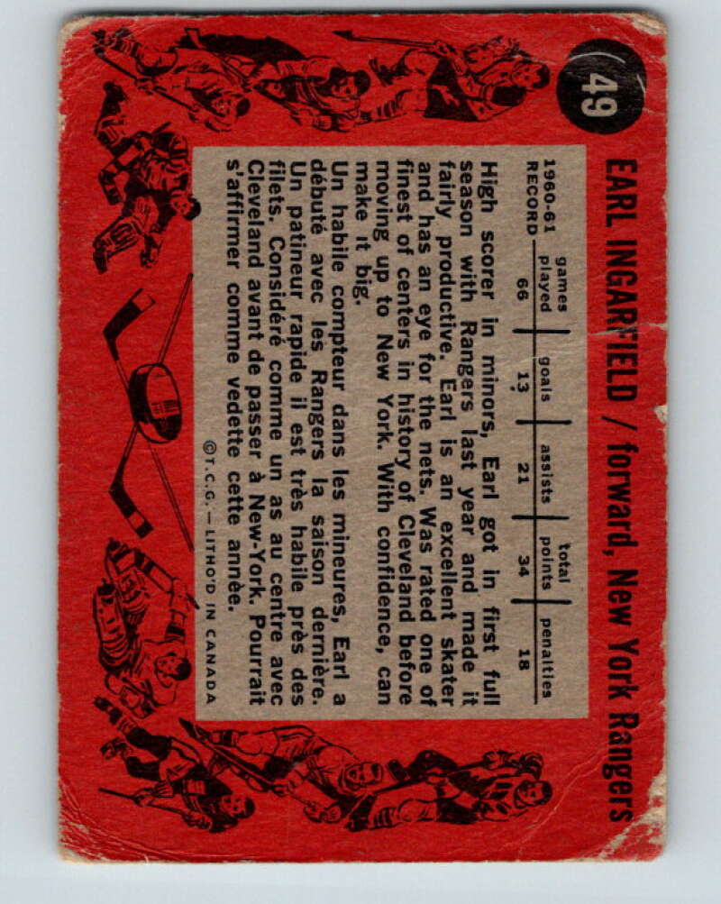 1961-62 Topps #49 Earl Ingarfield New York Rangers V306