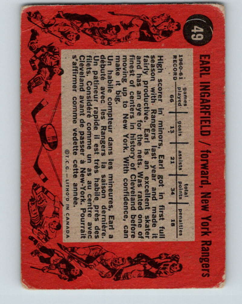 1961-62 Topps #49 Earl Ingarfield New York Rangers V307