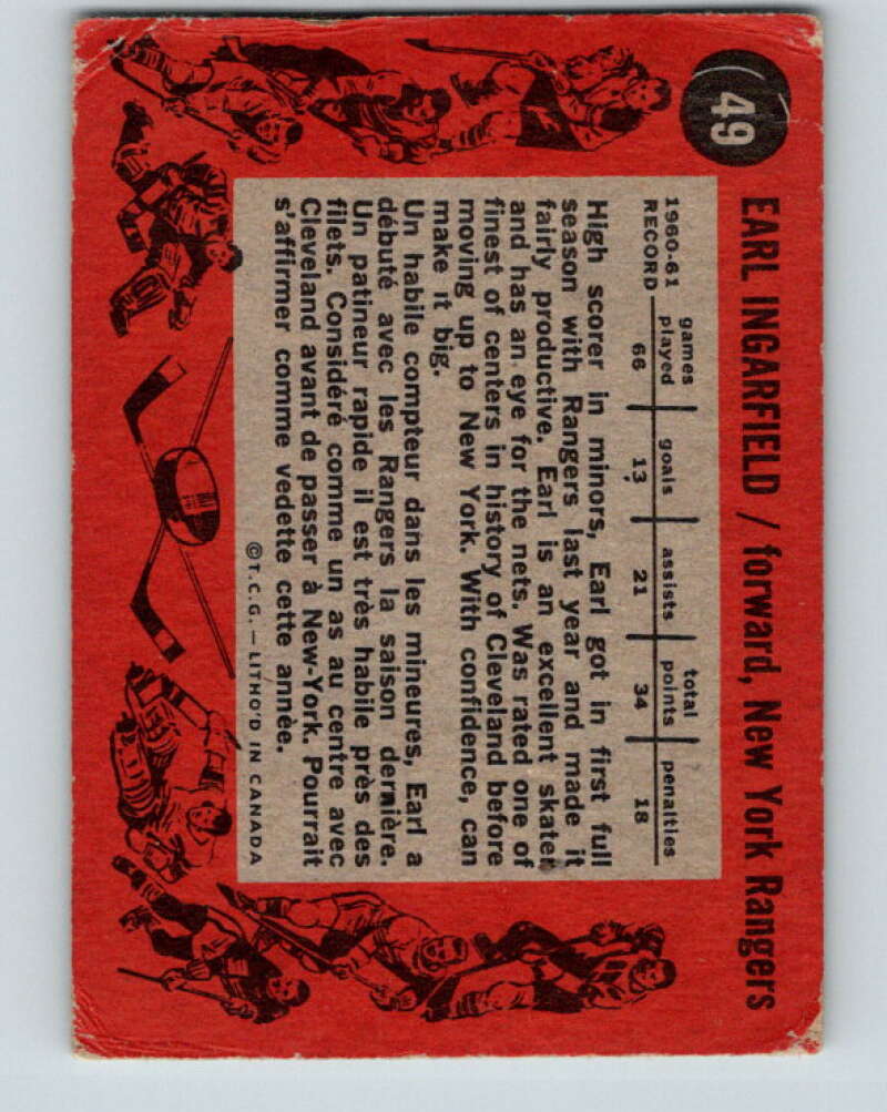 1961-62 Topps #49 Earl Ingarfield New York Rangers V308