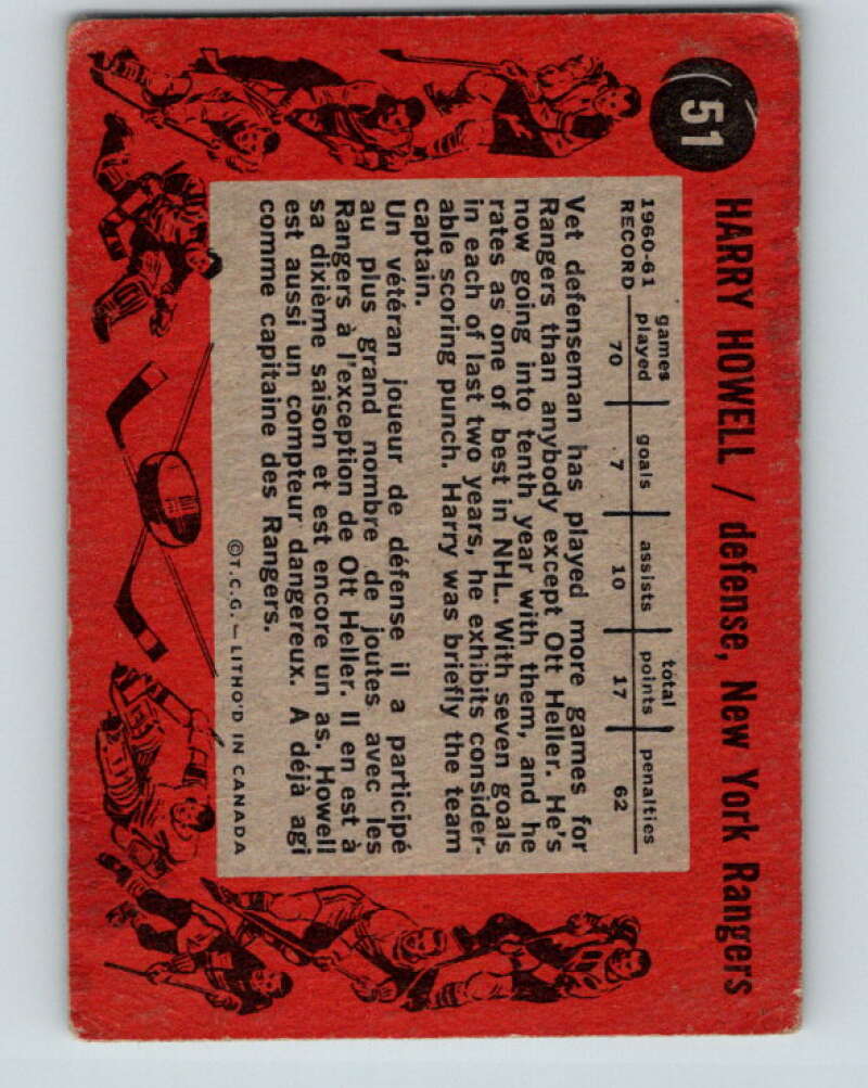 1961-62 Topps #51 Harry Howell UER New York Rangers V310