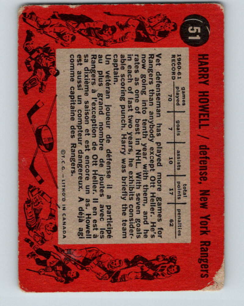1961-62 Topps #51 Harry Howell UER New York Rangers V311