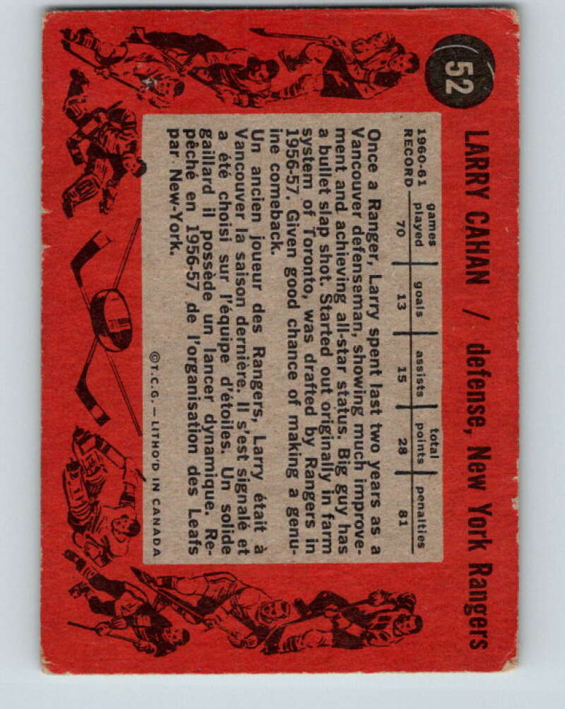 1961-62 Topps #52 Larry Cahan New York Rangers V313