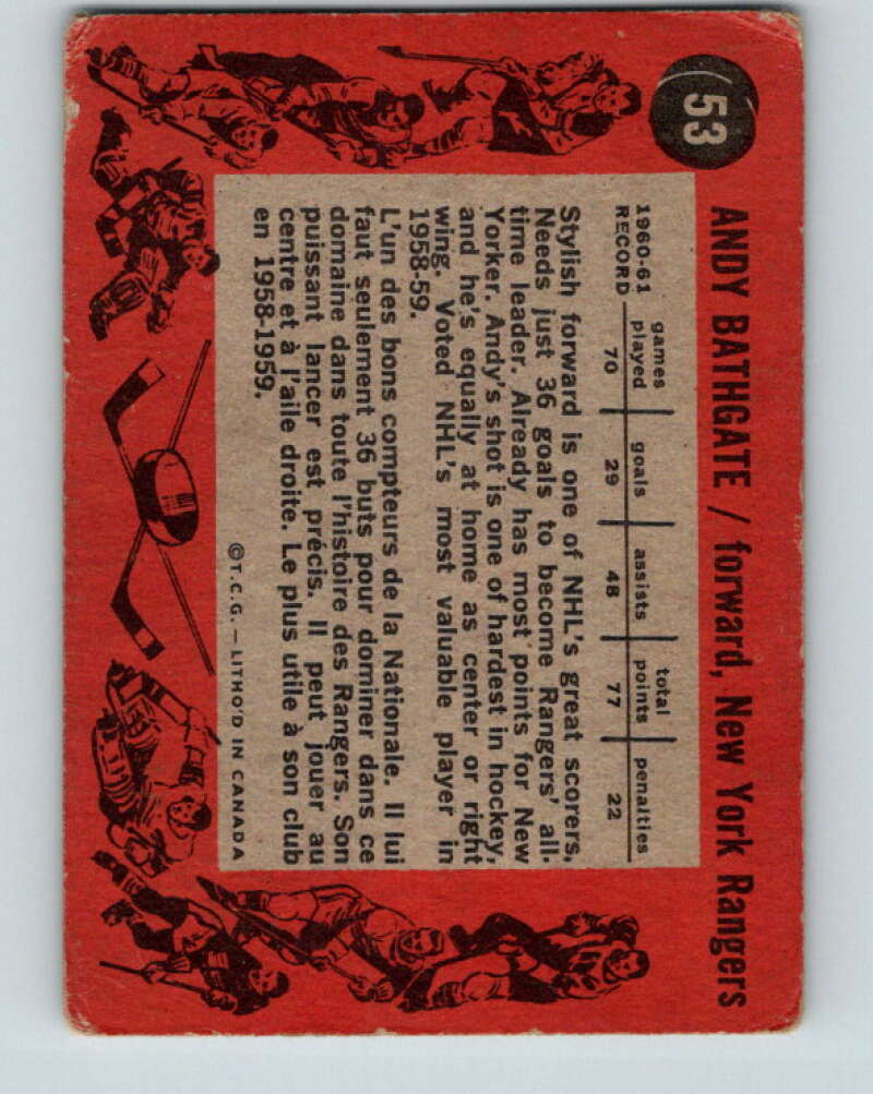 1961-62 Topps #53 Andy Bathgate New York Rangers V314