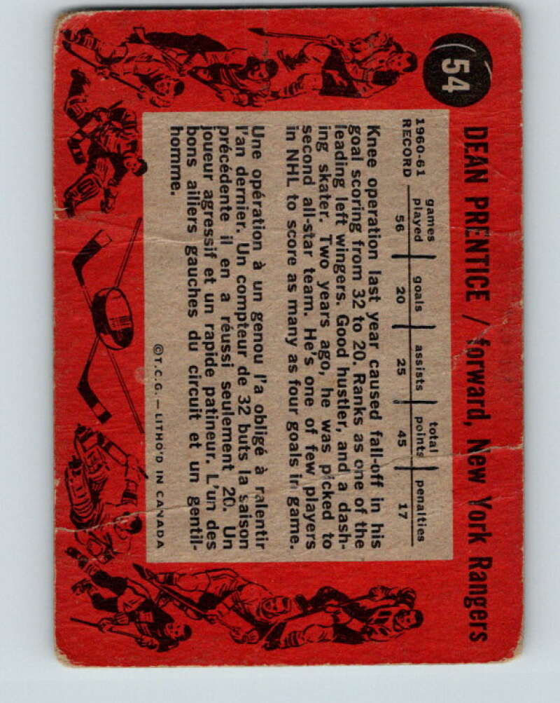 1961-62 Topps #54 Dean Prentice New York Rangers V315