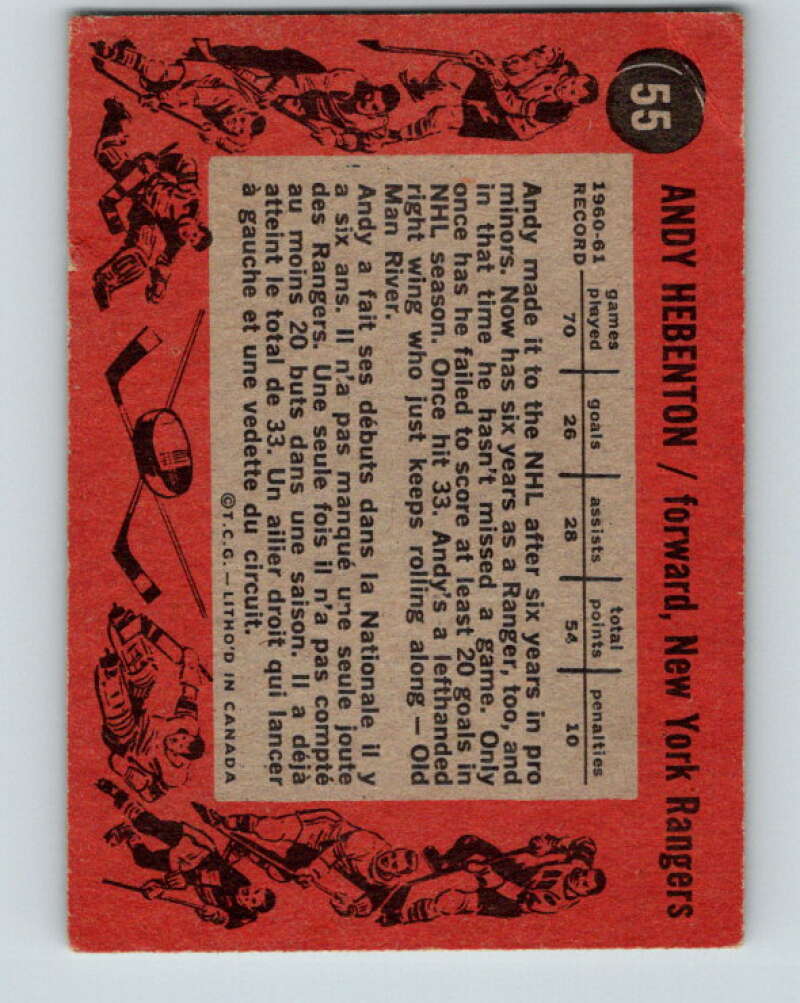 1961-62 Topps #55 Andy Hebenton New York Rangers V317