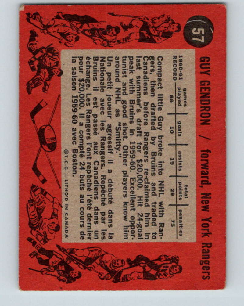 1961-62 Topps #57 Jean-Guy Gendron New York Rangers V321