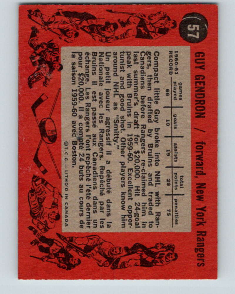 1961-62 Topps #57 Jean-Guy Gendron New York Rangers V322