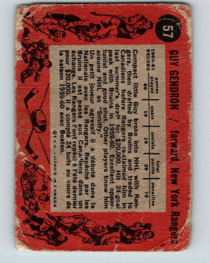 1961-62 Topps #57 Jean-Guy Gendron New York Rangers V323