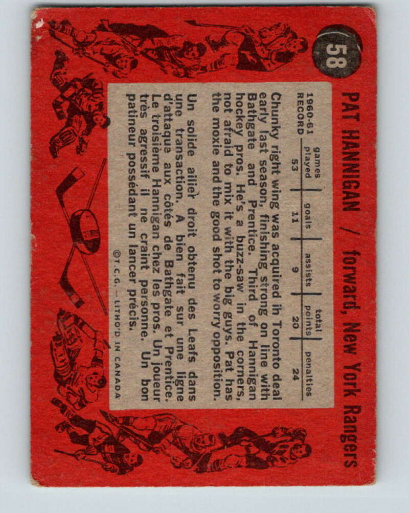 1961-62 Topps #58 Pat Hannigan RC Rookie New York Rangers V325