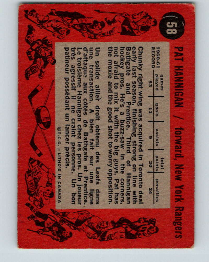 1961-62 Topps #58 Pat Hannigan RC Rookie New York Rangers V326