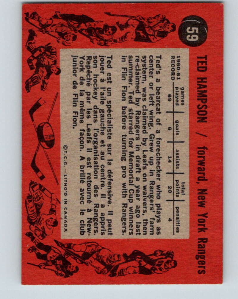 1961-62 Topps #59 Ted Hampson New York Rangers V327