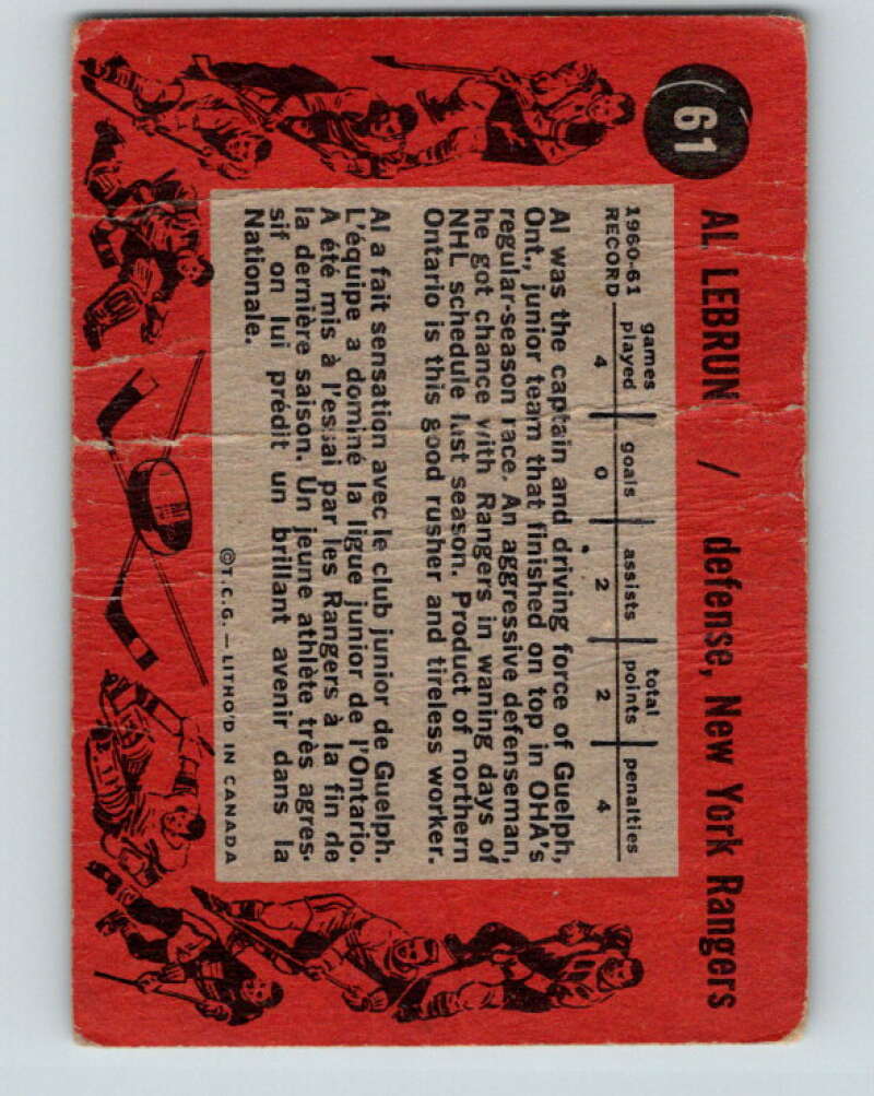 1961-62 Topps #61 Al LeBrun RC Rookie New York Rangers V331
