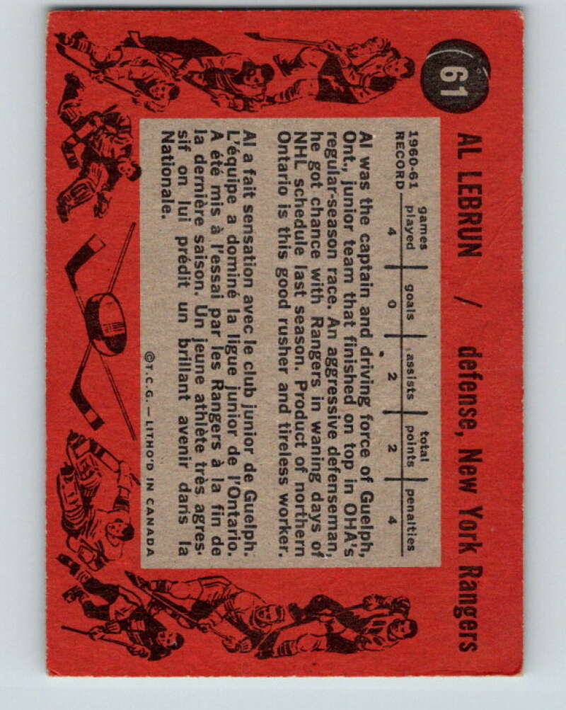 1961-62 Topps #61 Al LeBrun RC Rookie New York Rangers V332