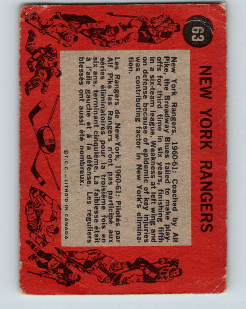 1961-62 Topps #63 New York Rangers Team New York Rangers V333