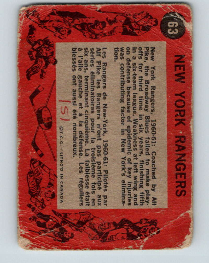 1961-62 Topps #63 New York Rangers Team New York Rangers V334