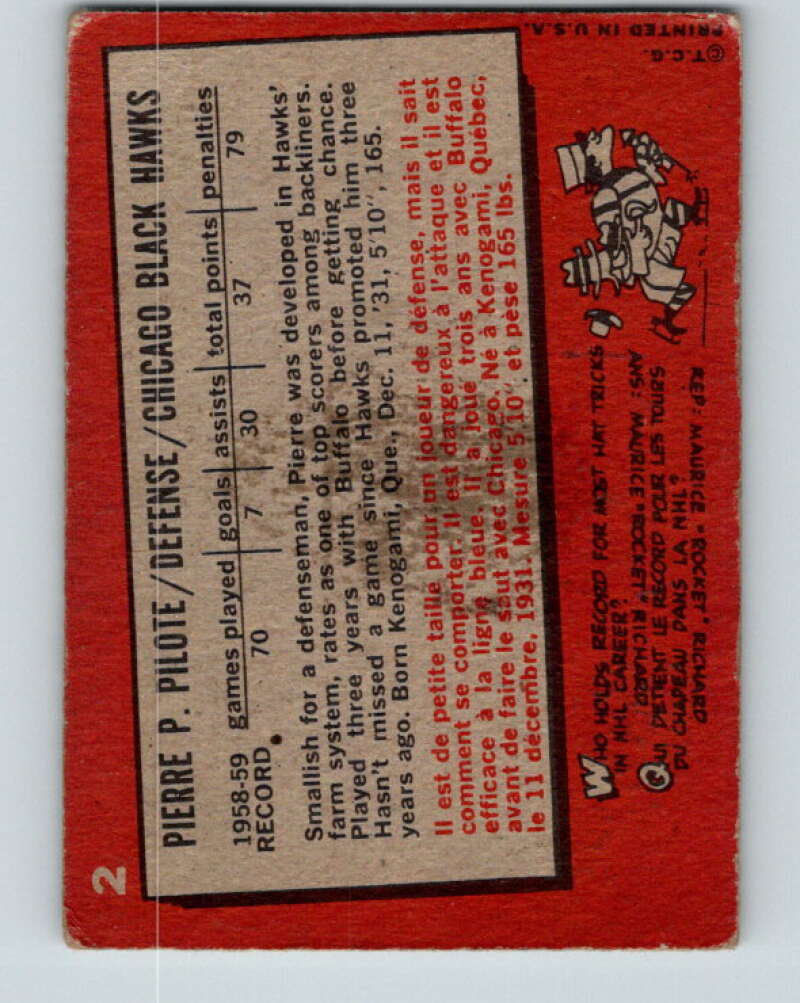 1959-60 Topps #2 Pierre Pilote Chicago Blackhawks V339