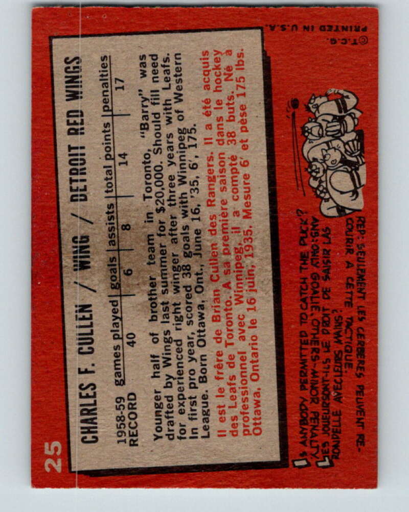 1959-60 Topps #25 Barry Cullen Detroit Red Wings V350