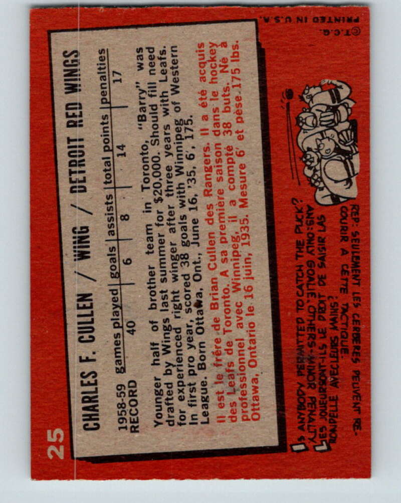 1959-60 Topps #25 Barry Cullen Detroit Red Wings V351